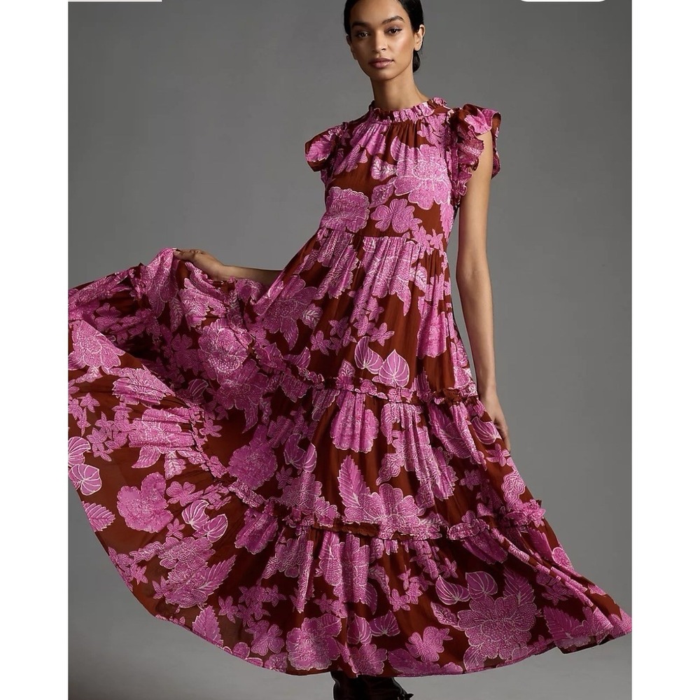 Love The Label Dress Tiered Ruffled Cotton Maxi Floral Print Size S Boho Flowy